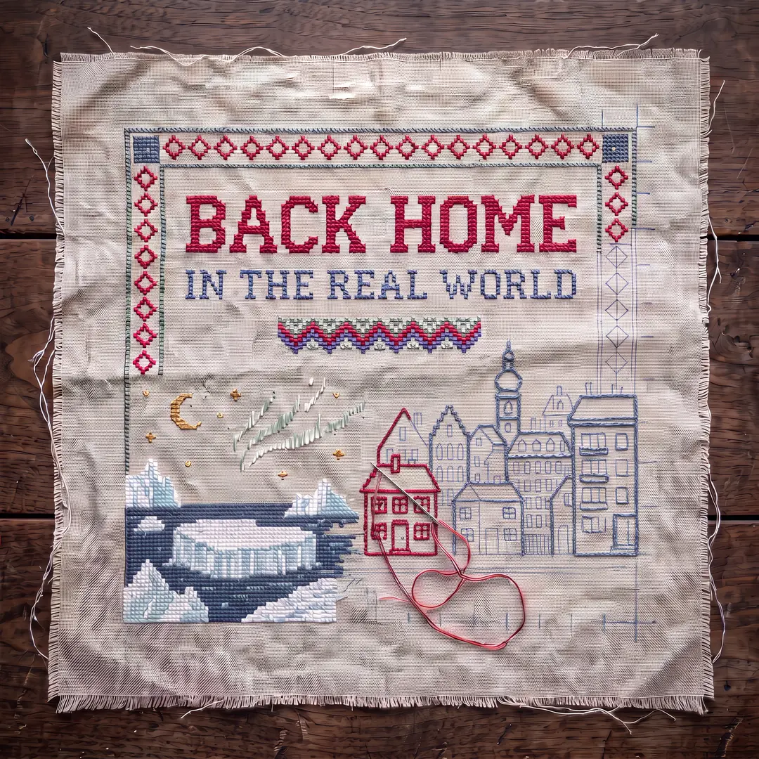 Back Home in the Real World single cover with embroidered lettering, houses, and ice on fabric