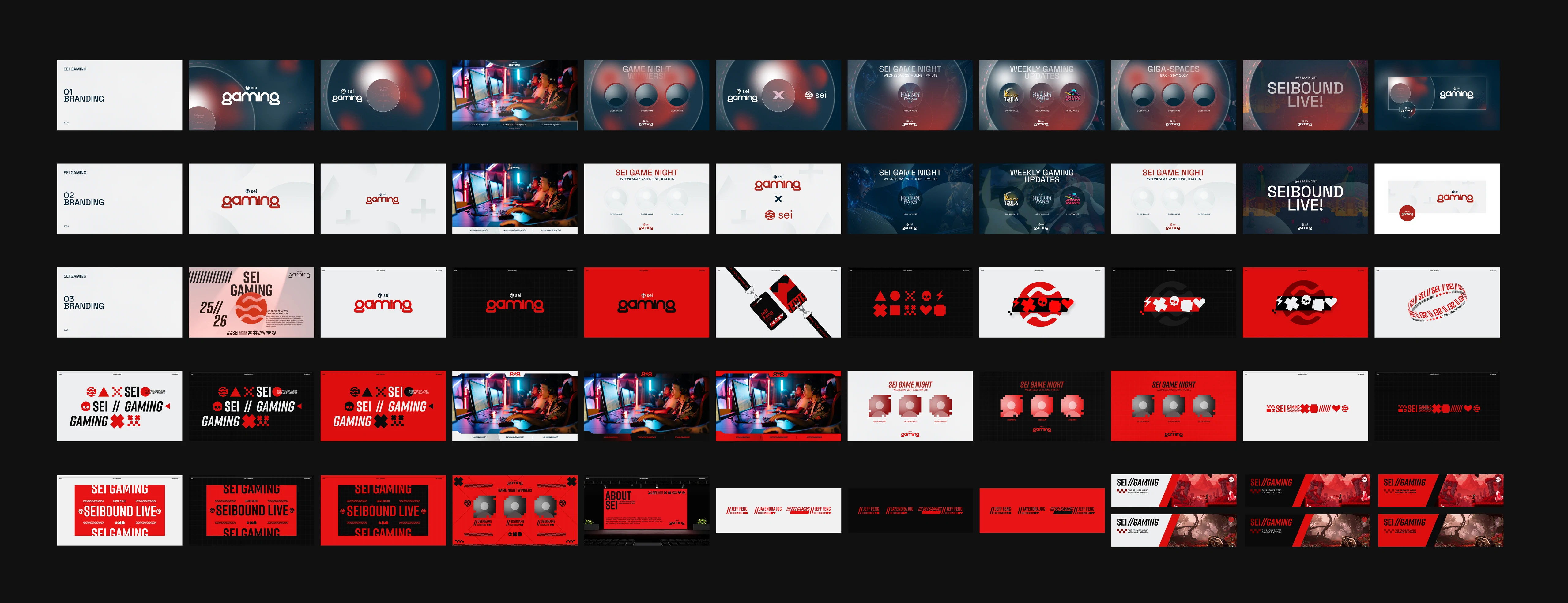 SEI GAMING brand system overview with logo explorations, event key art, and social layouts