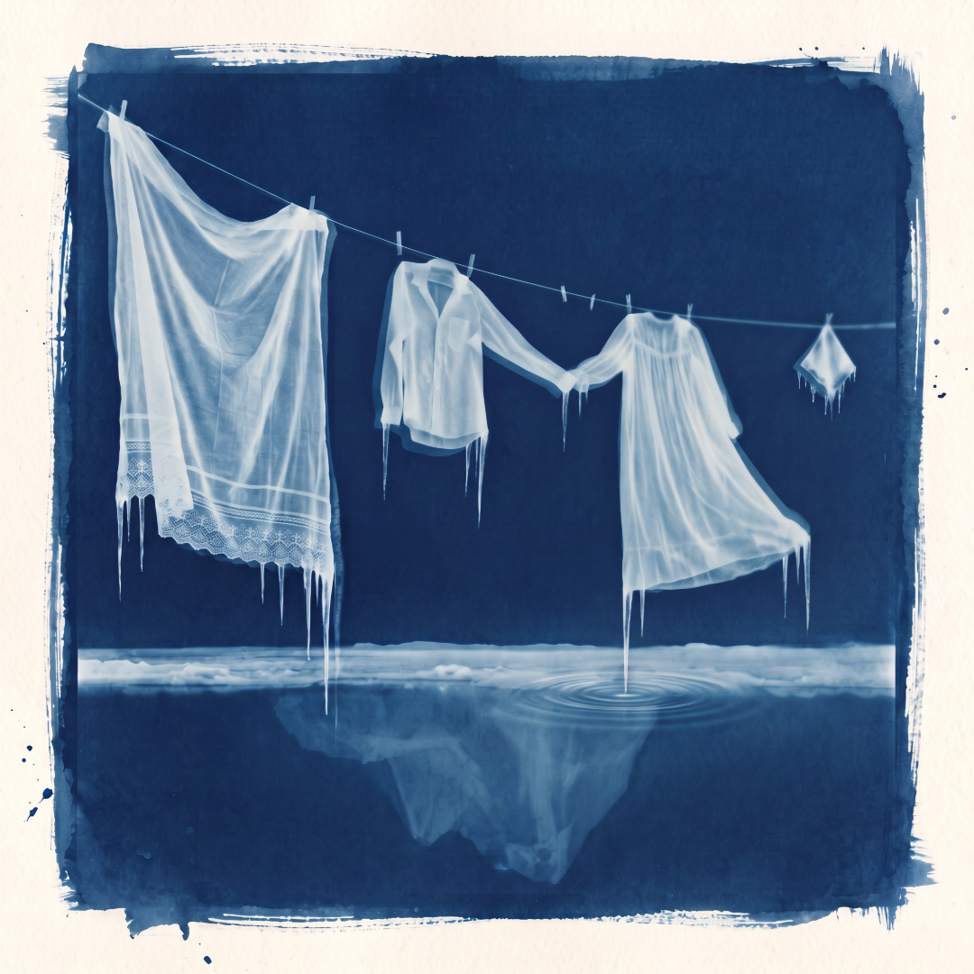 Strange Sounds single artwork with cyanotype clothing suspended over ice and water